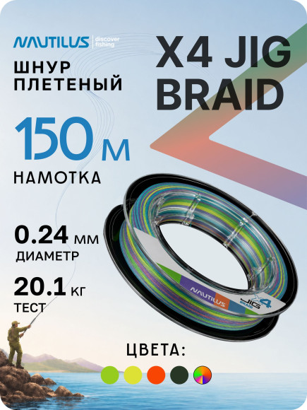 Шнур Nautilus X4 Jig Braid Multicolour d-0.24мм 20.1кг 3,5PE 150м