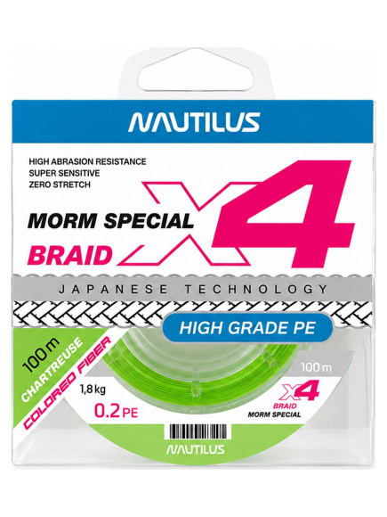 Шнур Nautilus X4 Morm Special Chartreuse 1,8кг 0.2 PE 100м NEW Шнур Nautilus X4 Morm Special Chartreuse 1,8кг 0.2 PE 100м NEW