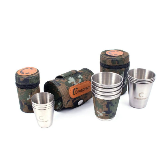 Рюмка "СЛЕДОПЫТ" 60 мл в тубе из oxford camo pixel, рюмки без оплетки, 4 шт