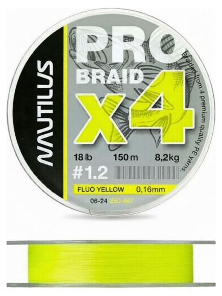 Шнур Nautilus Pro Braid X4 Fluo Yellow d-0.10 4.1кг 9lb 150м Шнур Nautilus Pro Braid X4 Fluo Yellow d-0.10 4.1кг 9lb 150м