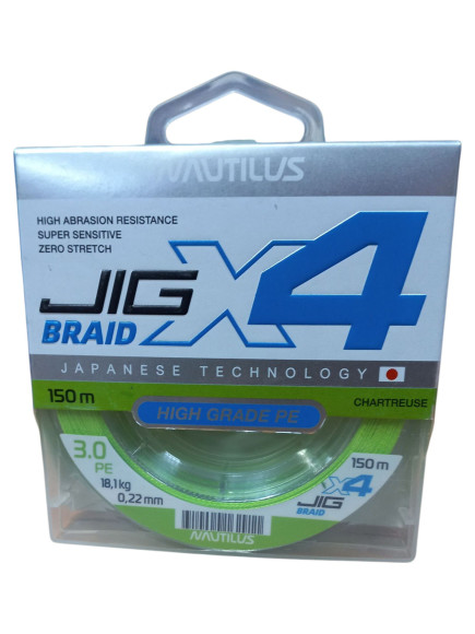 Шнур Nautilus X4 Jig Braid Chartreuse d-0.22мм 18.1кг 3,0PE 150м Шнур Nautilus X4 Jig Braid Chartreuse d-0.22мм 18.1кг 3,0PE 150м
