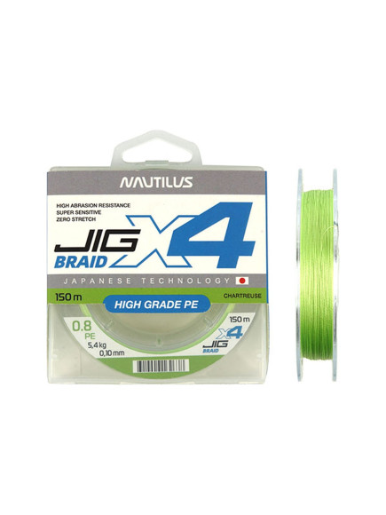 Шнур Nautilus X4 Jig Braid Chartreuse d-0.26мм 22.6кг 4,0PE 150м Шнур Nautilus X4 Jig Braid Chartreuse d-0.26мм 22.6кг 4,0PE 150м