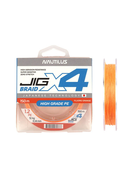 Шнур Nautilus X4 Jig Braid Fluoro Orange d-0.26мм 22.6кг 4,0PE 150м